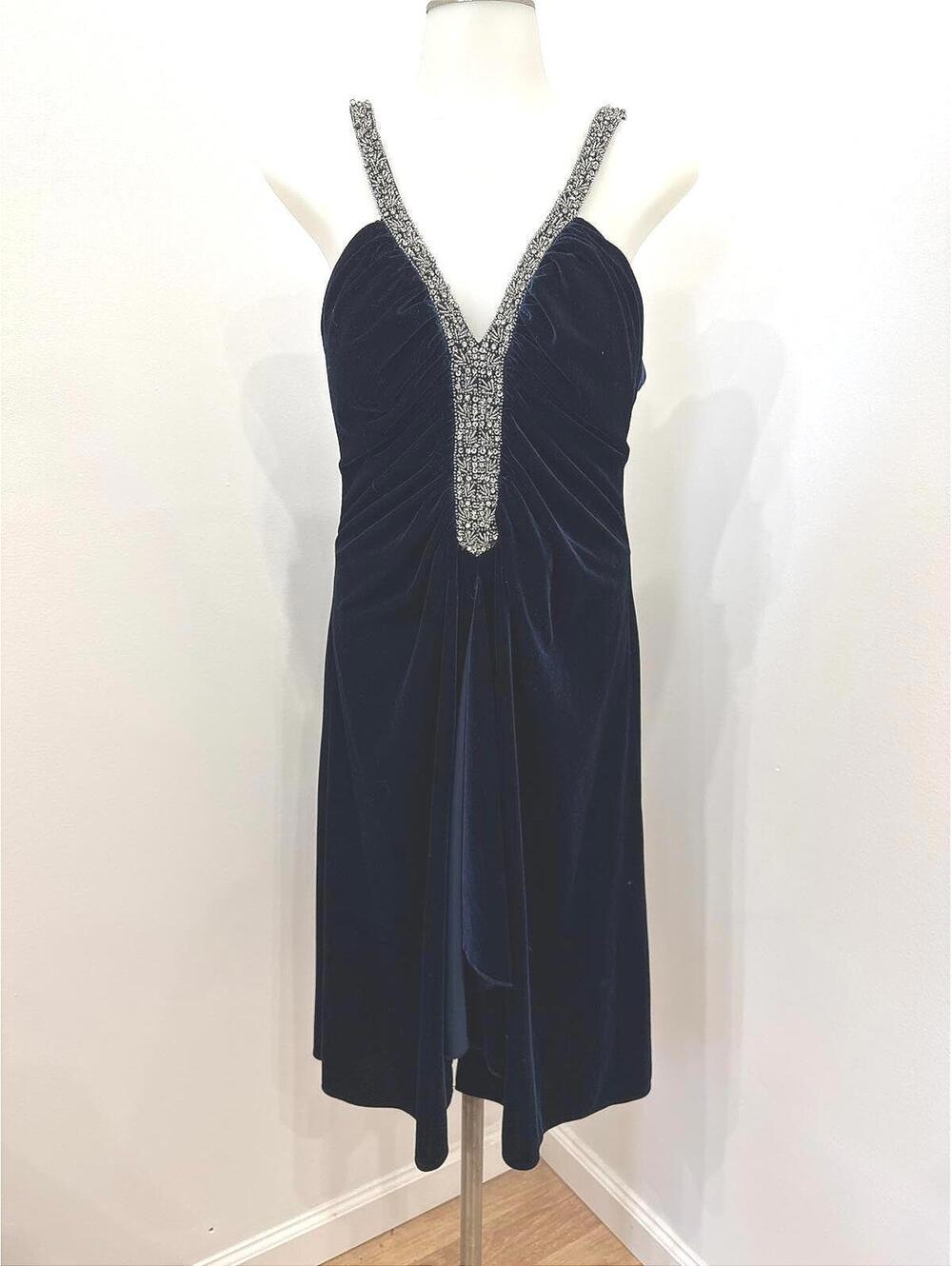 JS Boutique Size 10 Elegant Navy Blue Velvet Dress with Beaded Straps